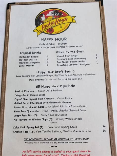 Menu at Jackie Rey's Kailua-Kona restaurant, Kailua-Kona
