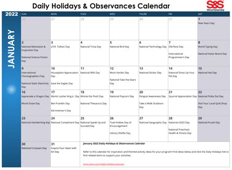 January Daily Holidays And Observances Printable Calendar Sands Blog