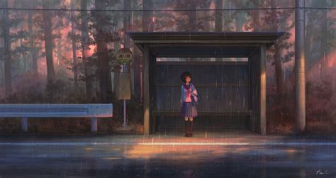 Bus Stop Original Bus Art Bus Stop Anime Scenery Wallpaper