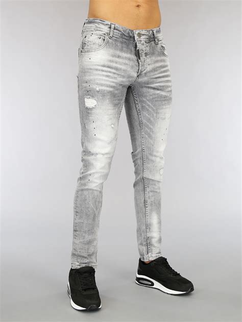 Lichtgrijze Heren Jeans Met Scheuren En Verfspatten Black Leonl