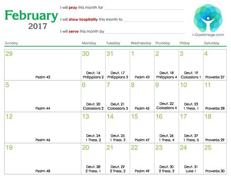 February 2017 Daily Bible Reading Calendar In Gods Image