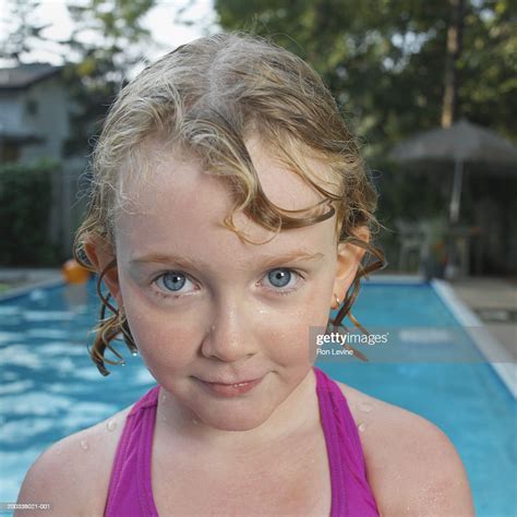 Girl With Wet Hair In Front Of Pool Closeup Portrait High Res Stock