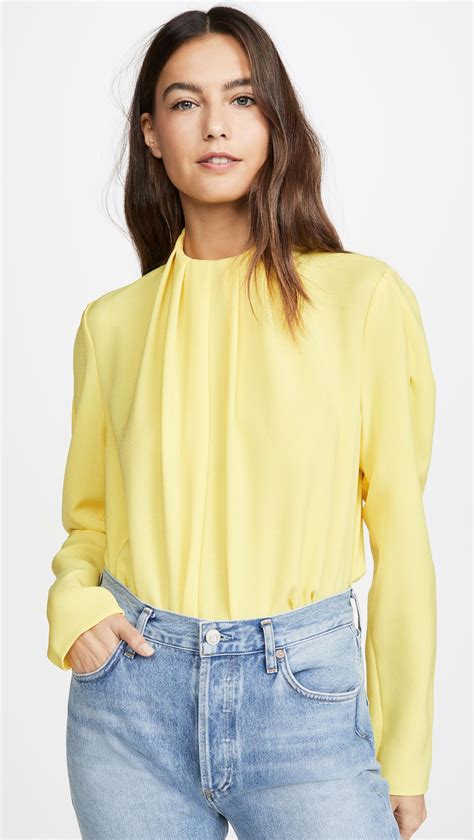 tibi synthetic shirred high neck top in lime yellow yellow lyst