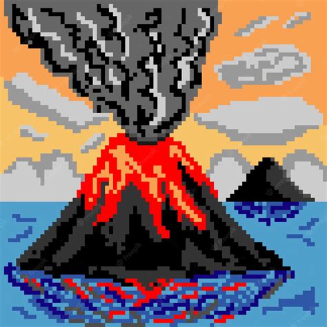 Pixel Art Com Montanha De Vulcão Vetor Premium