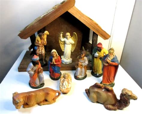 Vintage Nativity Set Hand Painted Paper Mache Music Box Plays Silent