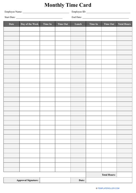 Monthly Time Card Template Eight Columns Download Printable Pdf