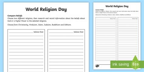 Ks2 World Religion Day Compare Beliefs Worksheet Worksheet