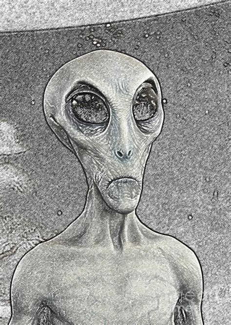 Grey Alien Science Fiction Portrait Black And White Colored Pencil