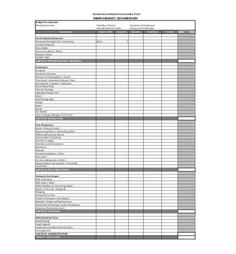 Documentary Budget Template Free Printable Templates