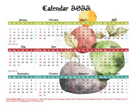 Free 2022 Printable Yearly Calendar With Holidays 12 Templates Watercolor
