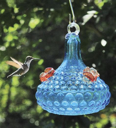 Hobnail Blue Glass Hummingbird Feeder Plowhearth