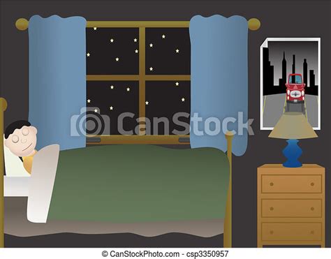 Vectors Illustration Of Boy Sleeping In Bedroom At Night Near Large