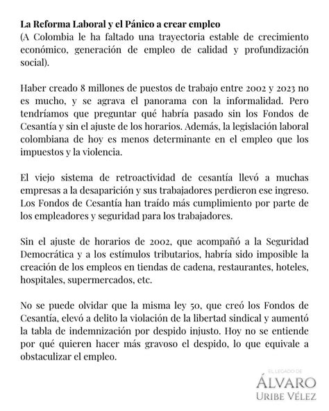 Álvaro Uribe Vélez on Twitter Texto La Reforma Laboral Pánico para