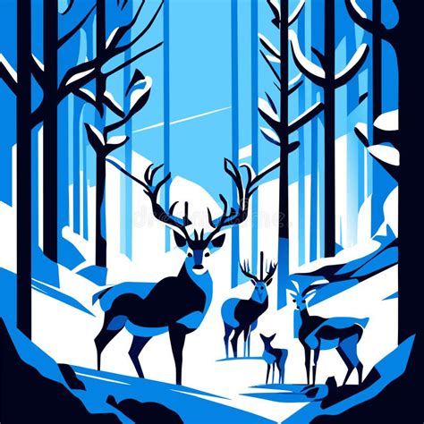 Deer In The Winter Forest Vector Illustration In Flat Style Stock