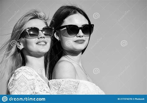 Femininity Concept Beautiful Women On Sunny Day Blue Sky Background Sisterhood And Female