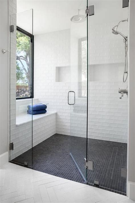 White Shower Wall Tiles With Black Grid Shower Floor Tiles