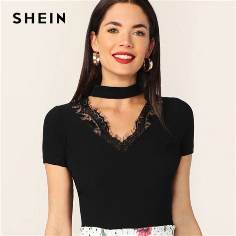 Shein Choker Neck Lace Trim Form Fitted Solid Women Tshirt Summer Black