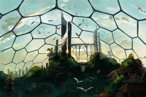 An Artistic View Of A Futuristic City With Birds Flying Around