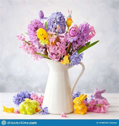 Beautiful Spring Flowers Bouquet And Easter Decor Stock Photo Image