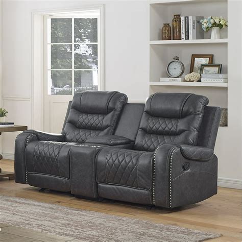 Klens Faux Leather Reclining Loveseat With Nailhead Trim Gray