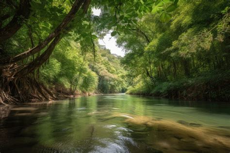Riverbank Covered In Lush Greenery With Clear Waters Flowing