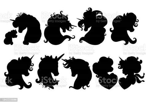 Set Of Black Silhouettes Of Unicorns Heads Vector Stock Illustration