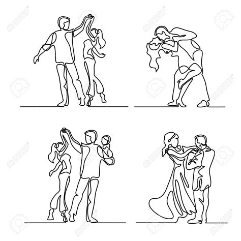 Set Continuous Line Drawing Happy Loving Couple Dancing Vector