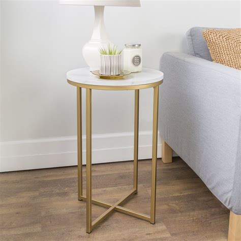 Ember Interiors Modern Glam Round End Table White Faux Marblegold