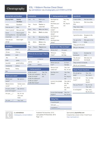 11 Esl Cheat Sheets Cheat Sheets For Every Occasion
