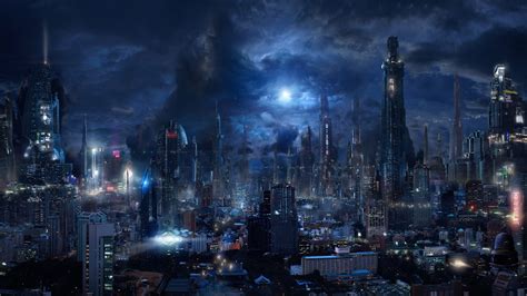 Futuristic City Moonlight Clouds Night Building Bladerunner