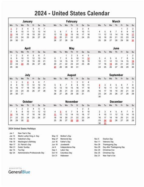 2024 United States Calendar With Holidays