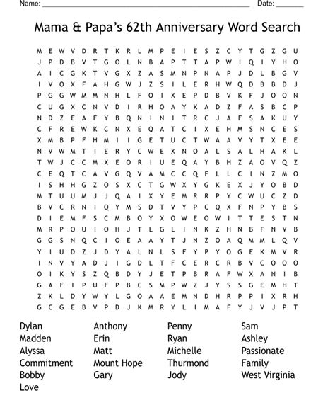 Mama And Papas 62th Anniversary Word Search Wordmint