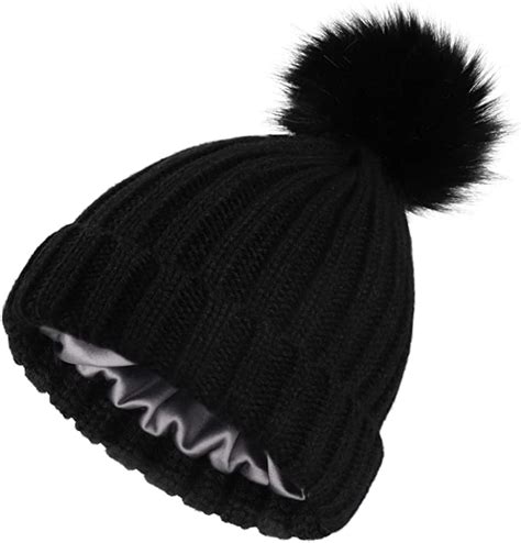 Womens Satin Lined Pom Beanies Winter Knitted Pom Hat With Silk Satin