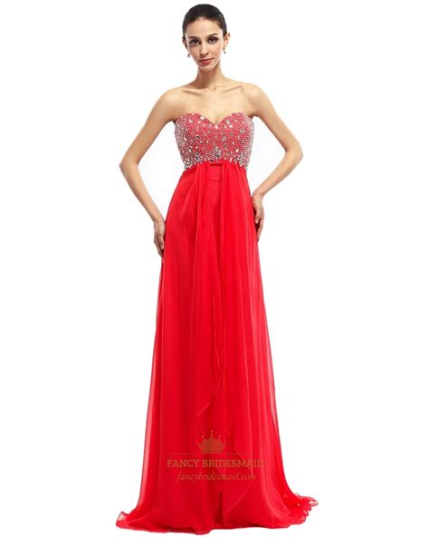 Red Sweetheart Long Chiffon Strapless Prom Dress With Beaded Bodice
