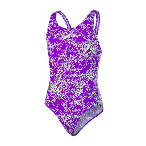 Speedo Boom Allover Splashback Girls Swimsuit Royal Purplebright Zest