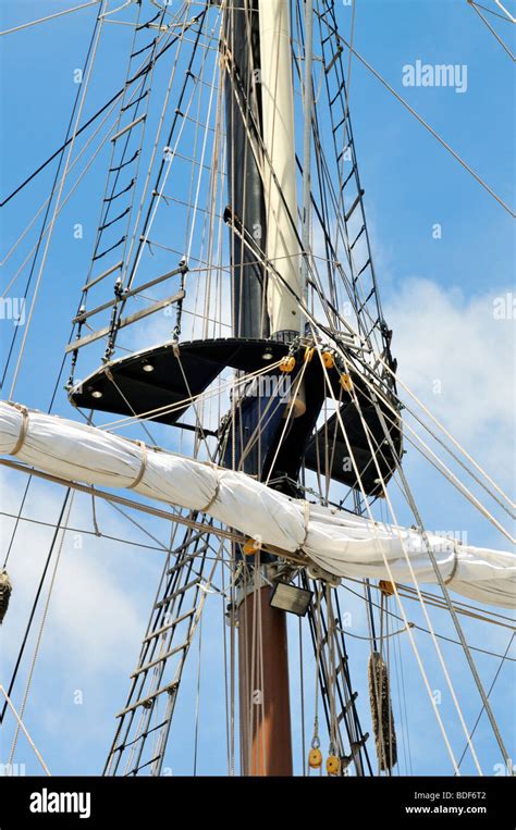 Sailing Ship Mast Detail With Sail Furled On Yardarm Mast Top Shrouds