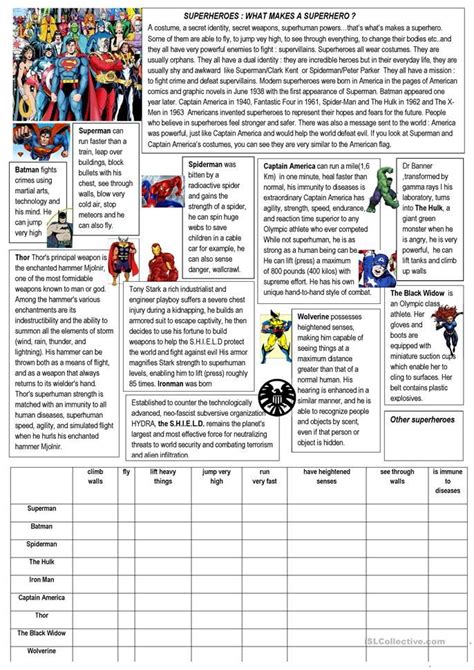 Superheroes English Esl Worksheets Reading Comprehension English