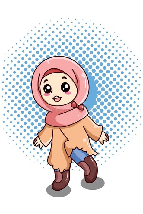 Happy And Funny Little Muslim Girl At Ramadan Cartoon Illustration