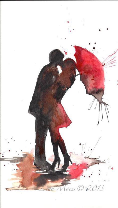 Watercolor Art Couple Kissing And Holding A Red Umbrella Kiss Art Umbrella Art Illustration Art