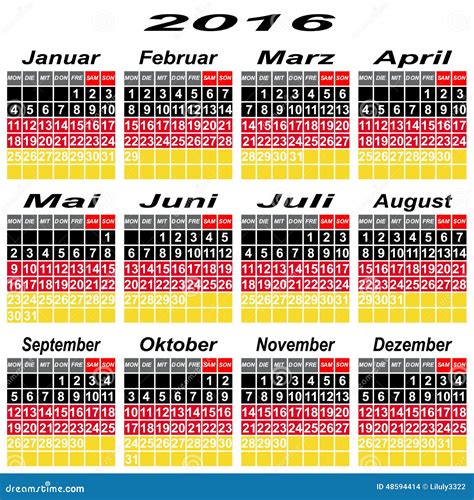 Deutschland Kalender Von 2016 Vektor Abbildung Illustration Von
