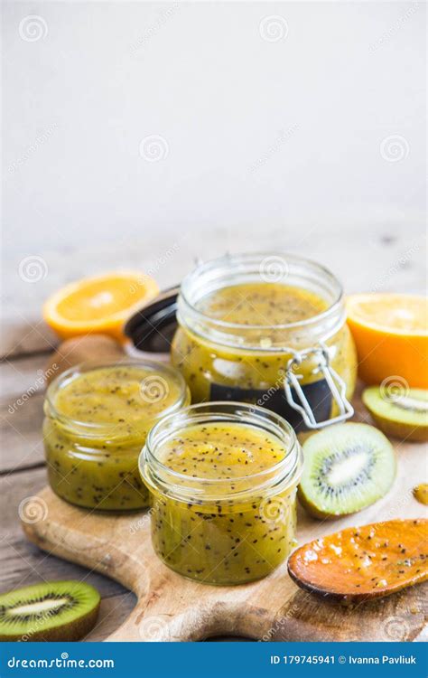 Homemade Kiwi Jam Fruit Jam Or Confiture From Kiwi And Oranges Stock