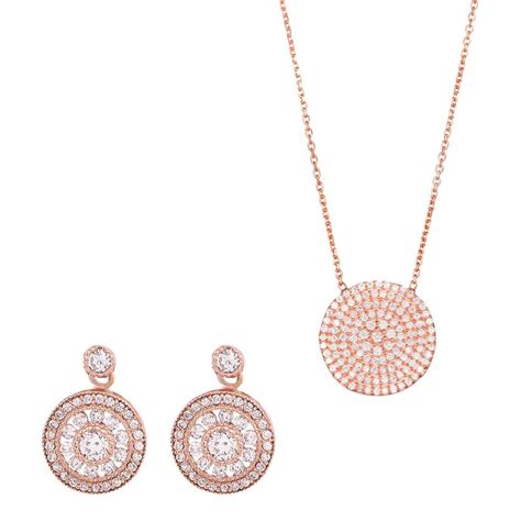 Rose Gold Pave Crystal Disc Drop Earrings Pendant Necklace Necklace