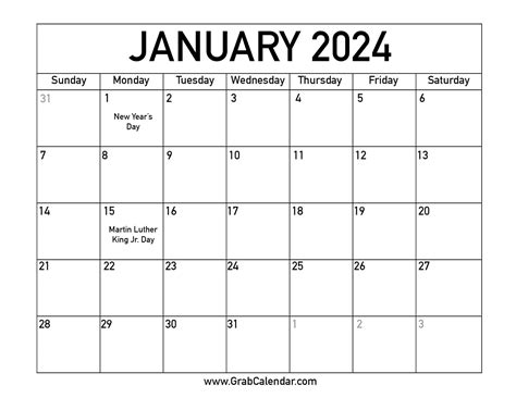 Printable January 2024 Calendar