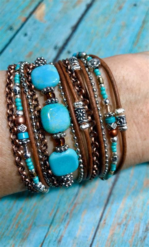 Turquoise Leather Wrap Bracelet Boho Style ~ Mermaid Blue