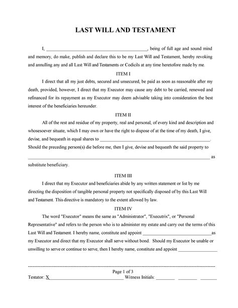 Last Will And Testament Template Printable