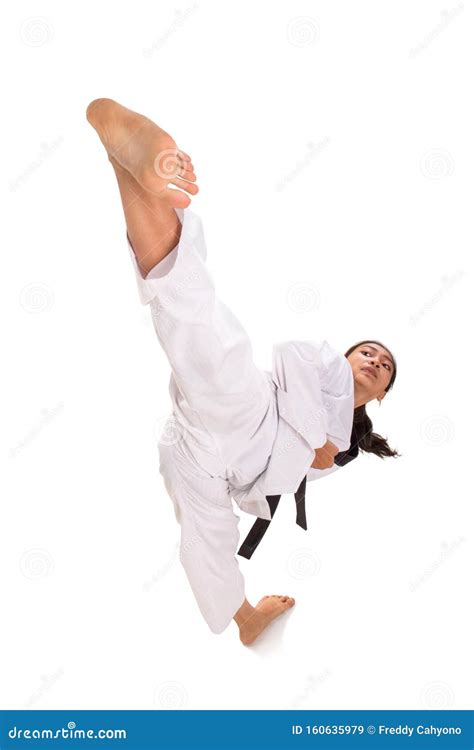 Taekwondo Master Practices Attack Or Defense Posture Karate Man With