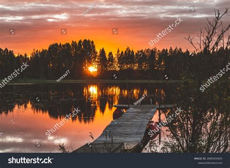 Sunset Landscape Wooden Dock Calm Lake Stock Photo 2085050425