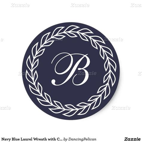 Navy Blue Laurel Wreath With Custom Monogram Classic Round Sticker