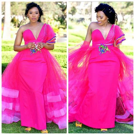 Clipkulture Bride In Pink Plunging Neck Sepedi Traditional Wedding Dress With Tulle Train In