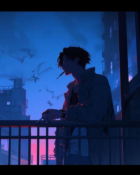 Premium Ai Image Anime Boy With Cigarette In Hand Looking Out Over A